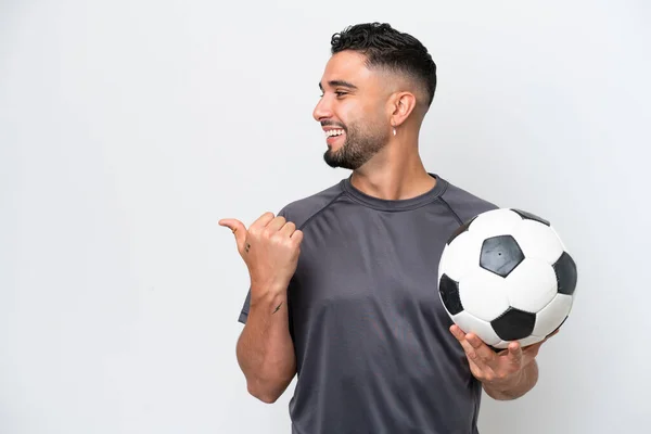 Arab Young Football Player Man Isolated White Background Pointing Side — Stock Photo, Image