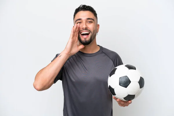 Arab Young Football Player Man Isolated White Background Shouting Mouth — Stock Photo, Image