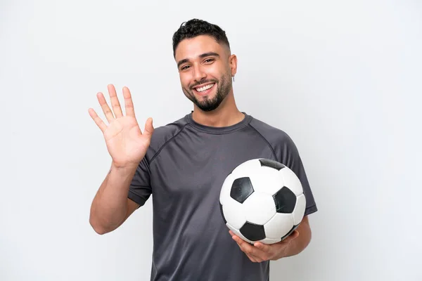 Arab Young Football Player Man Isolated White Background Saluting Hand — Stock Photo, Image