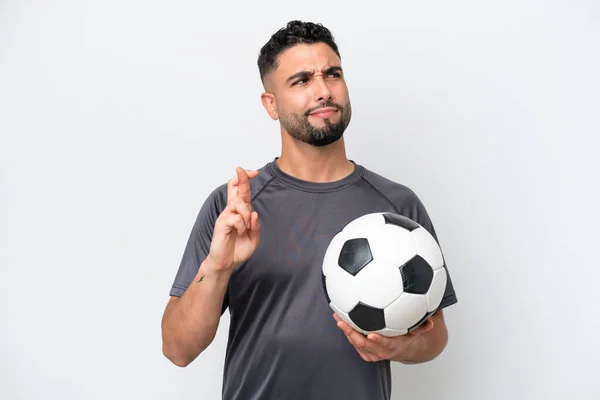 Arab Young Football Player Man Isolated White Background Fingers Crossing — Stock Photo, Image