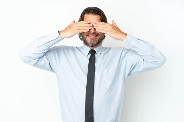 Senior Dutch Business Man Isolated White Background Covering Eyes Hands — Stock Photo, Image