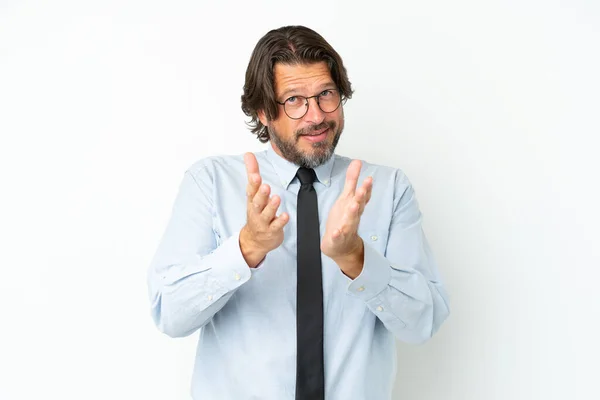 Senior Nederlandse Zakenman Geïsoleerd Witte Achtergrond Applaudisseren Presentatie Een Conferentie — Stockfoto