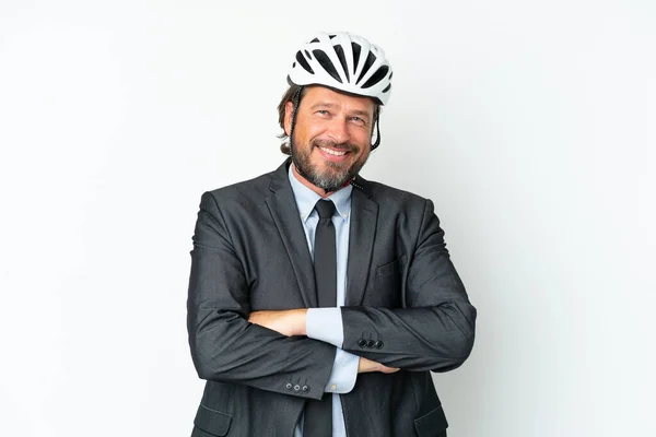 Homem Negócios Sênior Com Capacete Bicicleta Isolado Fundo Branco Mantendo — Fotografia de Stock