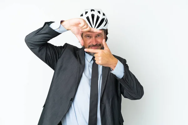 Business Senior Man Bike Helmet Isolated White Background Focusing Face — Stock Photo, Image