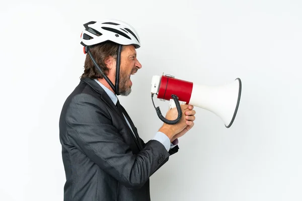 Business Senior Man Bike Helmet Isolated White Background Shouting Megaphone — Stock Photo, Image