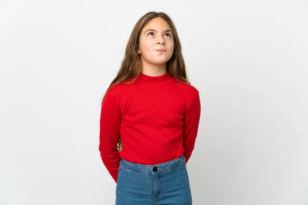 Menina Sobre Fundo Branco Isolado Olhando Para Cima — Fotografia de Stock