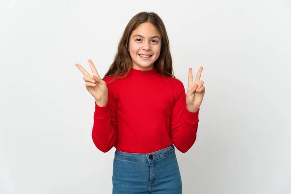 Little Girl Isolated White Background Showing Victory Sign Both Hands — Fotografia de Stock