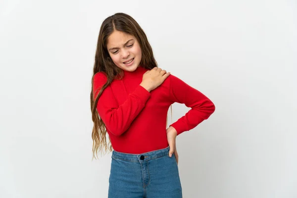 Little Girl Isolated White Background Suffering Pain Shoulder Having Made — Stockfoto