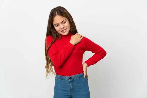 Little Girl Isolated White Background Suffering Pain Shoulder Having Made — стоковое фото