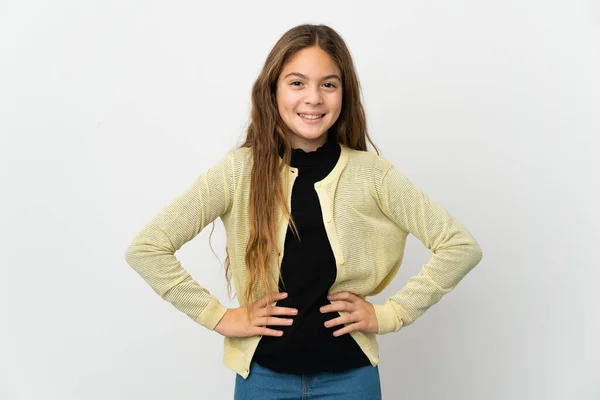 Little Girl Isolated White Background Posing Arms Hip Smiling — Fotografia de Stock