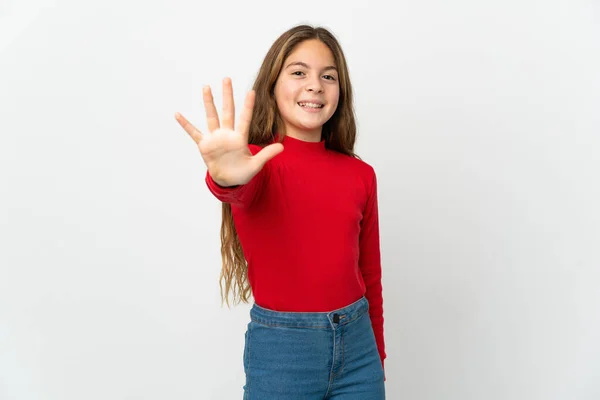 Little Girl Isolated White Background Counting Five Fingers — Fotografia de Stock