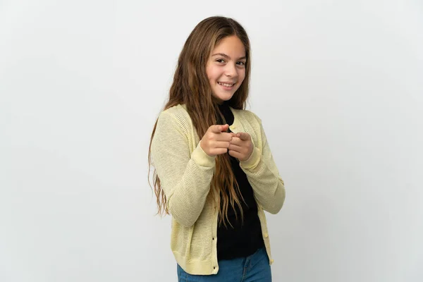 Kleines Mädchen Über Isoliertem Weißem Hintergrund Überrascht Und Zeigt Nach — Stockfoto