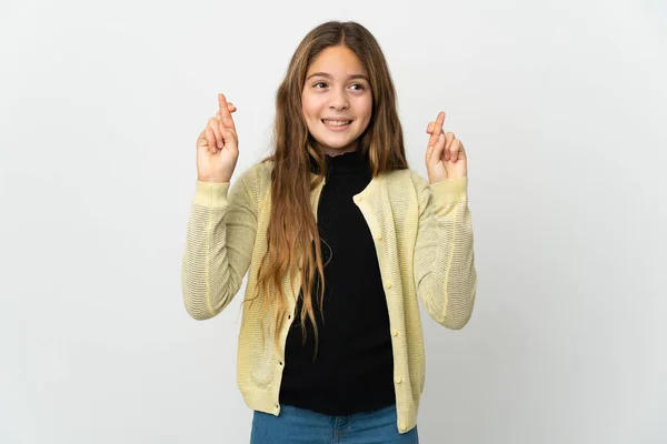 Menina Sobre Fundo Branco Isolado Com Dedos Cruzando Desejando Melhor — Fotografia de Stock