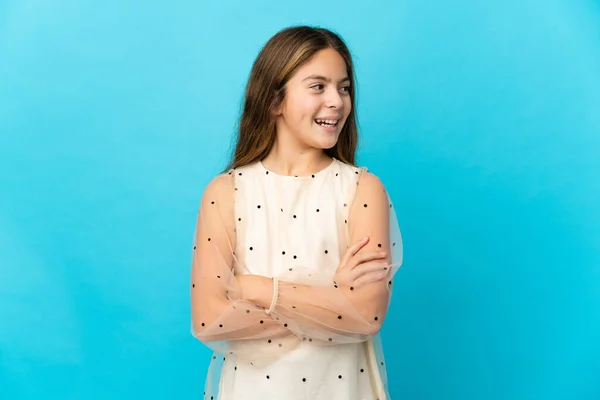 Menina Sobre Isolado Fundo Azul Feliz Sorrindo — Fotografia de Stock