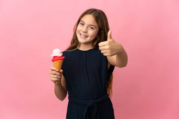 Child Cornet Ice Cream Isolated Pink Background Thumbs Because Something — Stockfoto