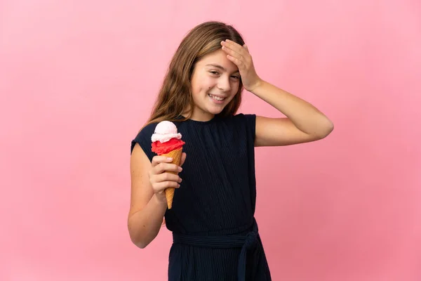 Child Cornet Ice Cream Isolated Pink Background Smiling Lot — Stockfoto