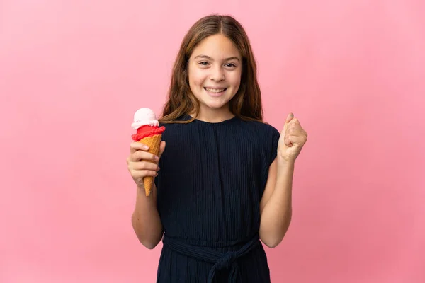 Child Cornet Ice Cream Isolated Pink Background Celebrating Victory Winner — Stockfoto