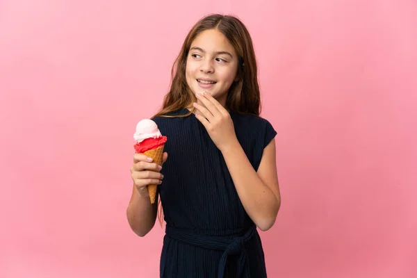 Child Cornet Ice Cream Isolated Pink Background Looking While Smiling — Stockfoto