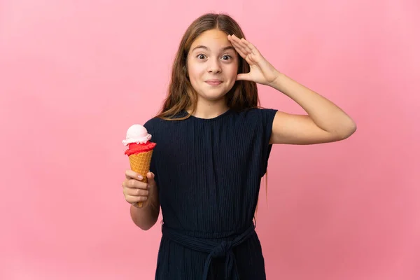 Child Cornet Ice Cream Isolated Pink Background Surprise Expression — Stockfoto
