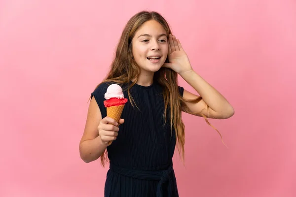 Child Cornet Ice Cream Isolated Pink Background Listening Something Putting — Stockfoto