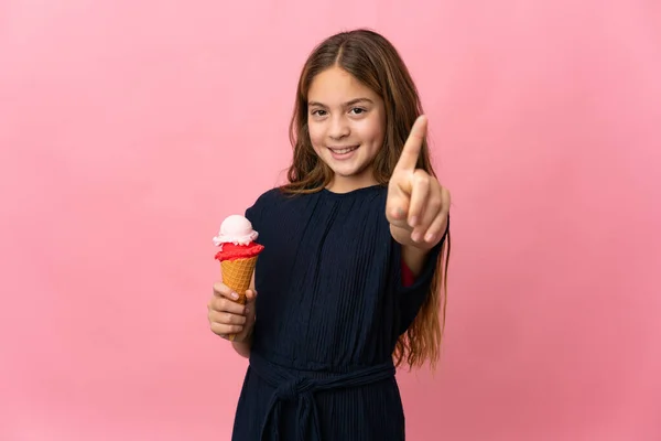 Child Cornet Ice Cream Isolated Pink Background Showing Lifting Finger — Stockfoto