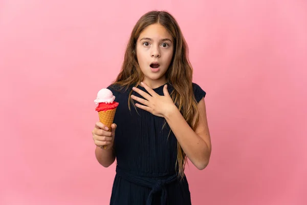 Child Cornet Ice Cream Isolated Pink Background Surprised Shocked While — Stockfoto