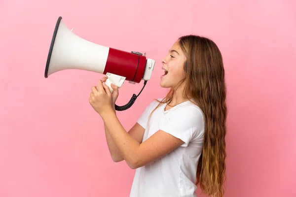 Child Isolated Pink Background Shouting Megaphone Announce Something Lateral Position — Stock Photo, Image