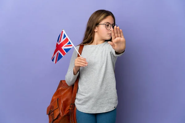 Child Holding United Kingdom Flag Isolated Background Making Stop Gesture — ストック写真