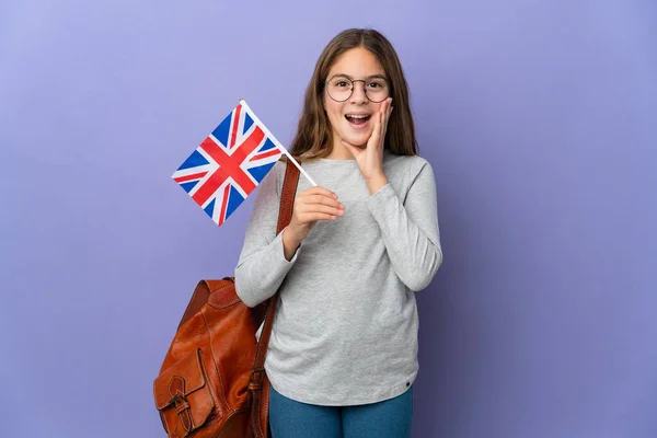 Child Holding United Kingdom Flag Isolated Background Surprise Shocked Facial — 스톡 사진