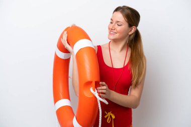 Young caucasian woman isolated on white background with lifeguard equipment and with happy expression
