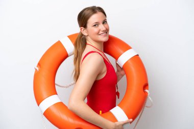 Young caucasian woman isolated on white background with lifeguard equipment and with happy expression