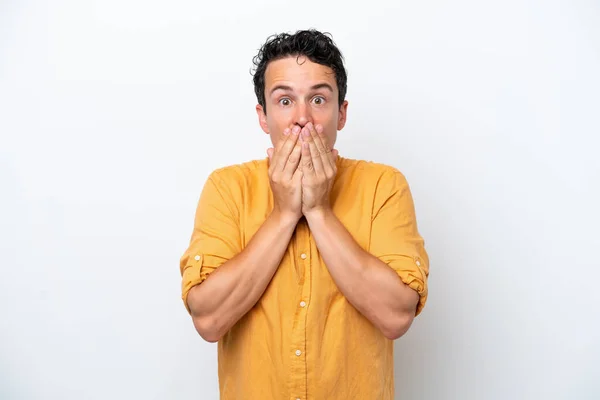 Joven Con Bigote Aislado Sobre Fondo Blanco Cubriendo Boca Con — Foto de Stock