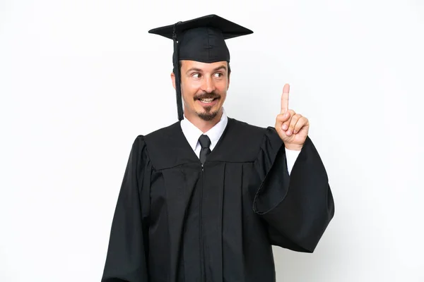 Jovem Universitário Graduado Homem Isolado Fundo Branco Com Intenção Realizar — Fotografia de Stock