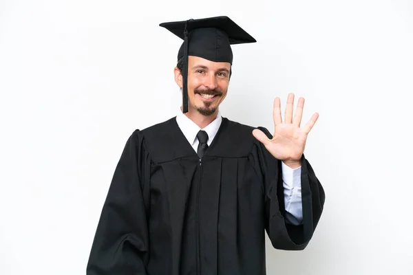 Jovem Universitário Graduado Homem Isolado Fundo Branco Contando Cinco Com — Fotografia de Stock