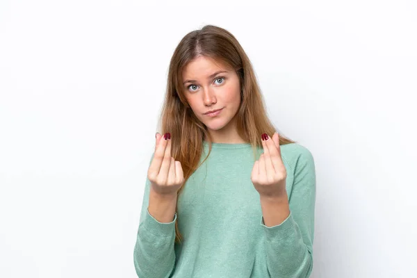 Young Caucasian Woman Isolated White Background Making Money Gesture Ruined — Stock Photo, Image