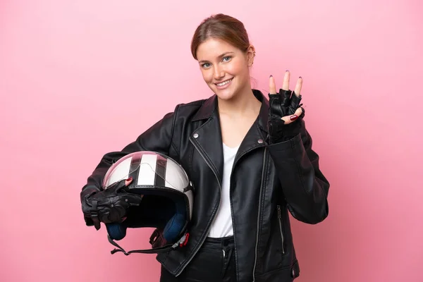 Молода Біла Жінка Мотоциклетним Шоломом Ізольована Рожевому Тлі Щаслива Рахує — стокове фото