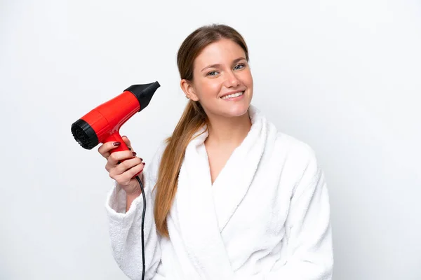 Young Caucasian Woman Holding Hairdryer Isolated White Background Smiling Lot — Stock Photo, Image