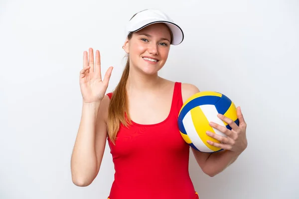 Junge Kaukasische Frau Spielt Auf Weißem Hintergrund Isoliert Volleyball Und — Stockfoto