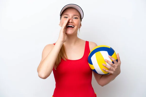 Young Caucasian Woman Playing Volleyball Isolated White Background Shouting Mouth —  Fotos de Stock