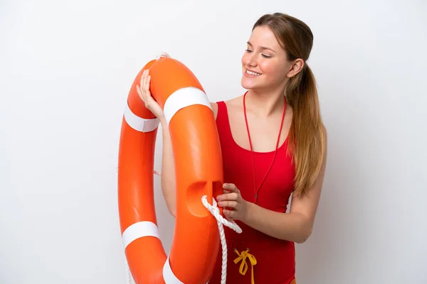Young Caucasian Woman Isolated White Background Lifeguard Equipment Happy Expression - Stock-foto