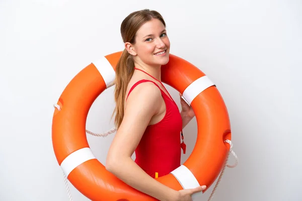 Young Caucasian Woman Isolated White Background Lifeguard Equipment Happy Expression — Foto Stock