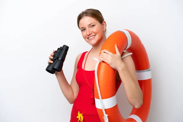 Young Caucasian Woman Isolated White Background Lifeguard Equipment Binoculars — Foto Stock