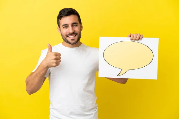 Young Handsome Caucasian Man Isolated Yellow Background Holding Placard Speech — ストック写真