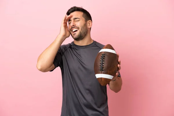 Young Caucasian Man Playing Rugby Isolated Pink Background Smiling Lot — Stock Photo, Image