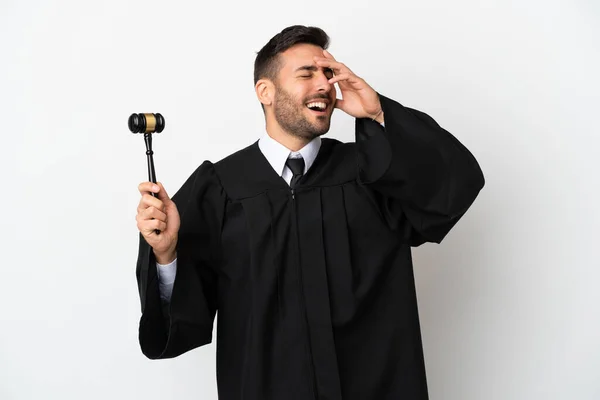 Judge Caucasian Man Isolated White Background Smiling Lot — Stock Photo, Image