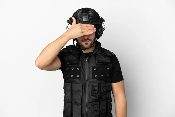 Young Caucasian Swat Isolated White Background Covering Eyes Hands Want — Photo