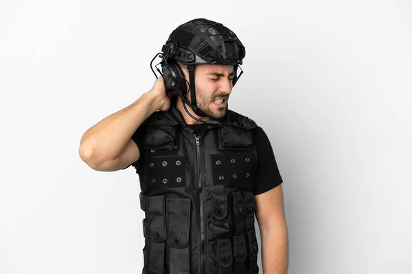 Young Caucasian Swat Isolated White Background Neckache — Photo