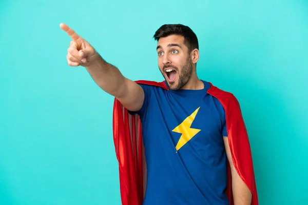 Super Hero Caucasian Man Isolated Blue Background Pointing Away — Foto de Stock