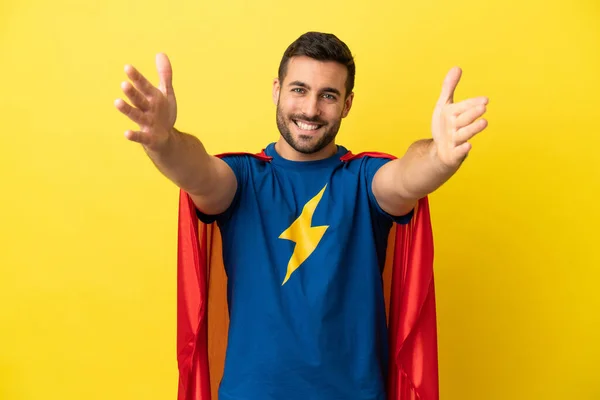 Young Handsome Caucasian Man Isolated Yellow Background Superhero Costume Doing — Stock fotografie