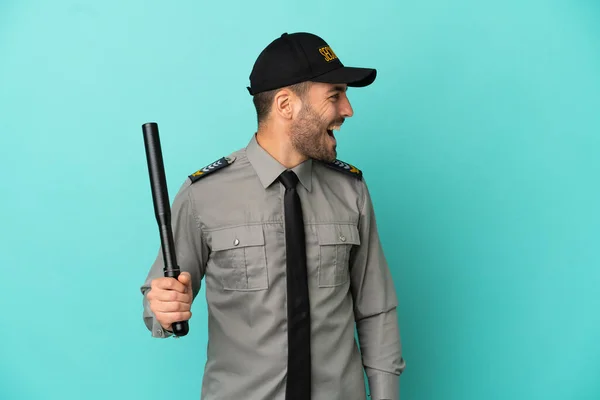 Young Security Man Isolated Blue Background Laughing Lateral Position — 图库照片